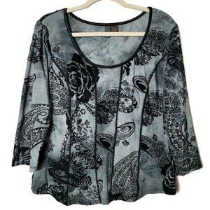 Vintage Serenade Y2K Velour Burnout Floral Paisley Whimsigoth 3/4 Sleeve Top XL